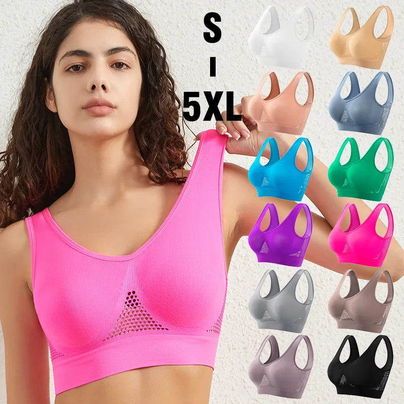 Women's Plus Size Breathable Mesh Sports Bra Ladies Seamless Non-wire Underwear No Pads Ribbed Crop Top Sexy Lingerie S-5XL